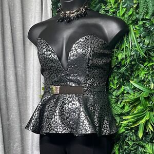 San Joy Top Womens Large Silver Metallic Leopard Peplum Strapless Plunge 3671
